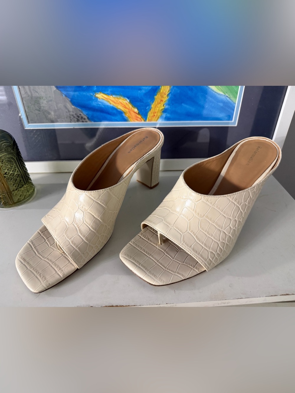 Reformation Cream Croc-Embossed Open-Toe Mule Heels